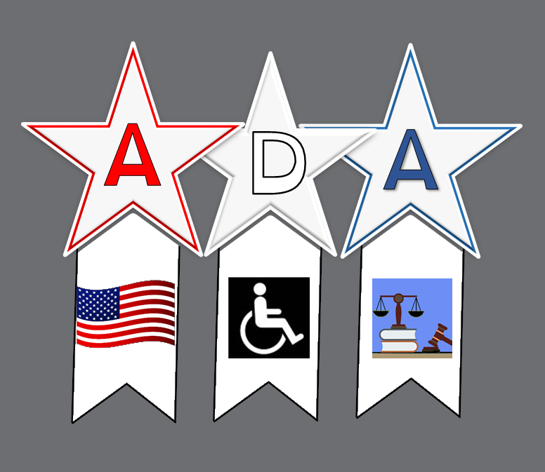 Initials ADA in three separate stars with pictures below of American flag, ADA Wheelchair symbol and a gavel, scale and law books