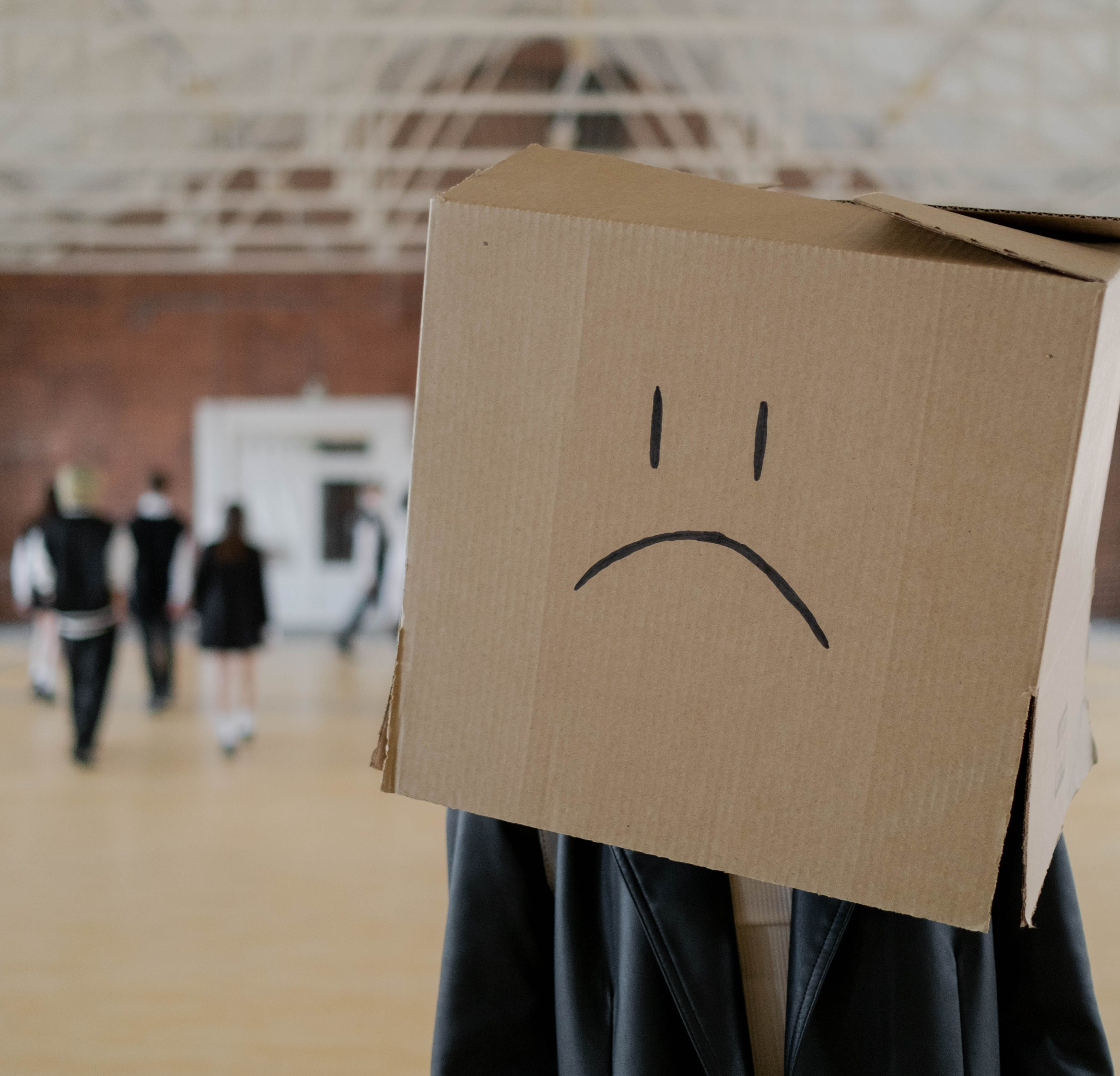 Person with a box over the head with an unhappy face drawn on it