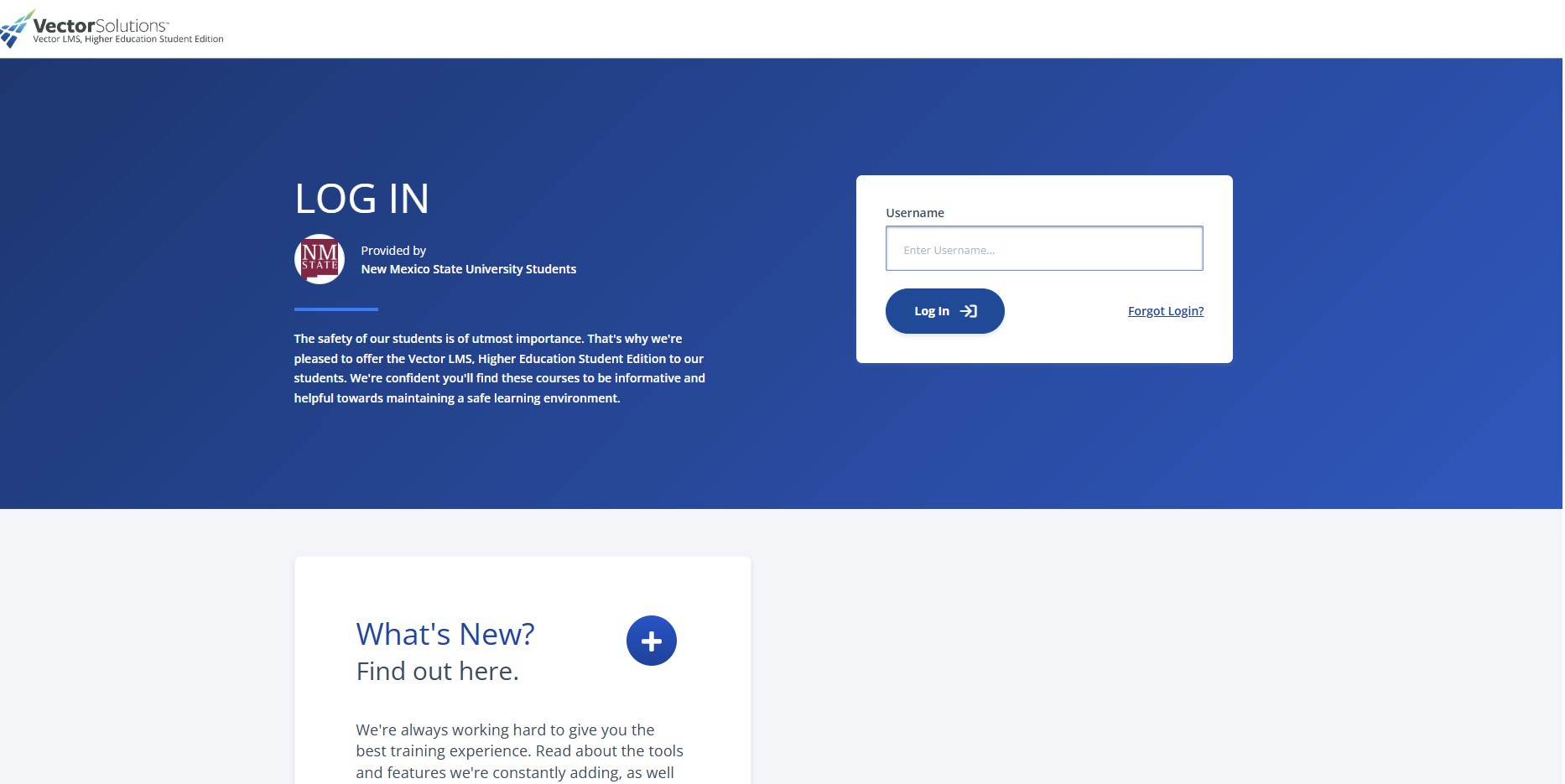 Login page for Vector Solutions Higher Education, featuring a blue background, login form, and New Mexico State University logo. Text highlights safety and a supportive learning environment.