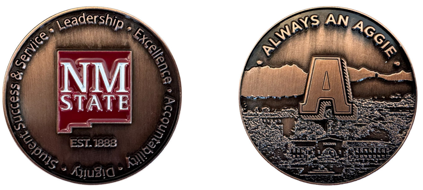 An image displaying the Aggie Core Values - Always an Aggie Challenge Coin. 